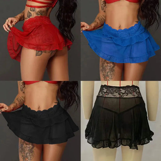2PC Sexy Translucent Mini Skirt High Waist Lace Stitching Mesh Erotic Lingerie With T Back Thong Fashion Dancing Girl Party Club
