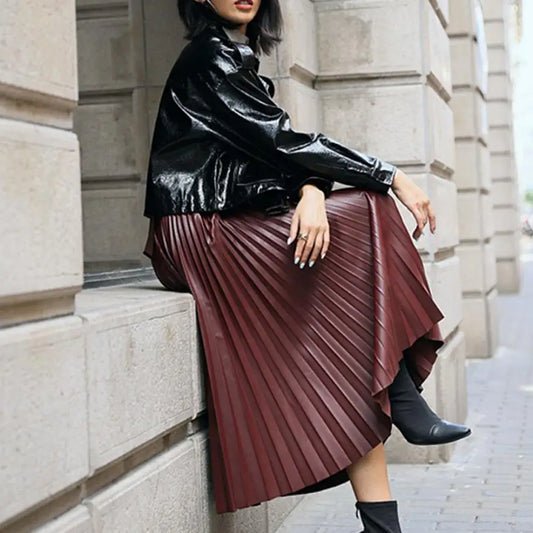 fashion S -10 XL Spring autumn fashion high quality PU pleated skirts long maxi leather skirt female vintage black skirt