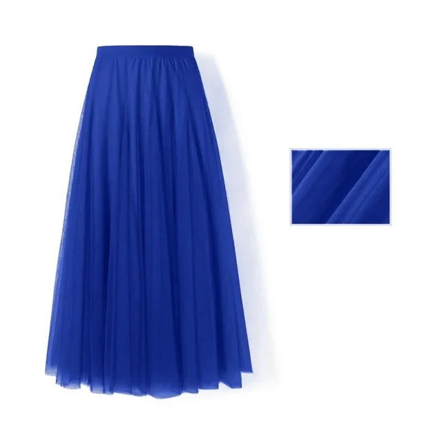 Spring Summer Beach Women Pleated Midi Skirt Ladies Elastic High Waist Tulle Skirts Mesh Tutu Skirt Teenage Girls A-line Skirts