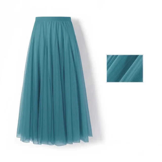 Spring Summer Beach Women Pleated Midi Skirt Ladies Elastic High Waist Tulle Skirts Mesh Tutu Skirt Teenage Girls A-line Skirts