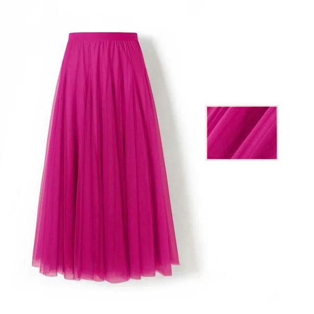 Spring Summer Beach Women Pleated Midi Skirt Ladies Elastic High Waist Tulle Skirts Mesh Tutu Skirt Teenage Girls A-line Skirts