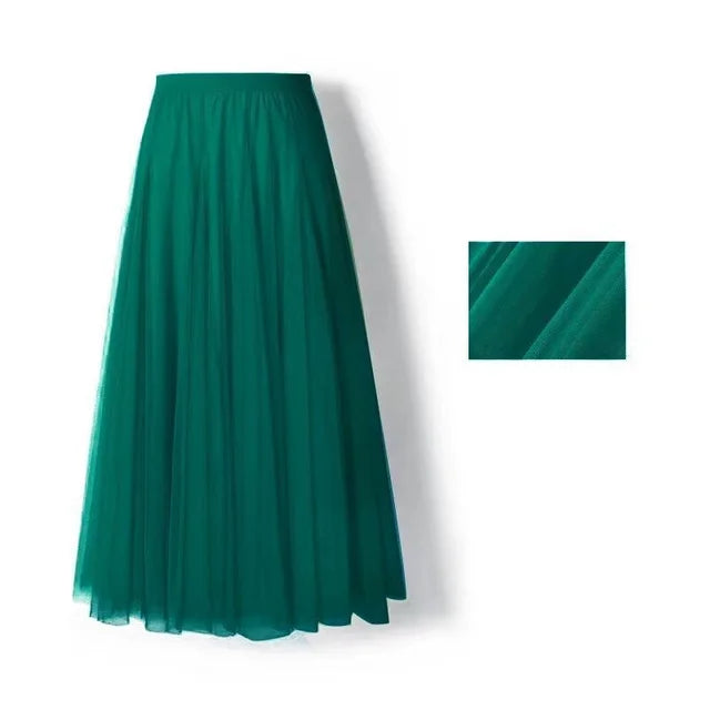 Spring Summer Beach Women Pleated Midi Skirt Ladies Elastic High Waist Tulle Skirts Mesh Tutu Skirt Teenage Girls A-line Skirts