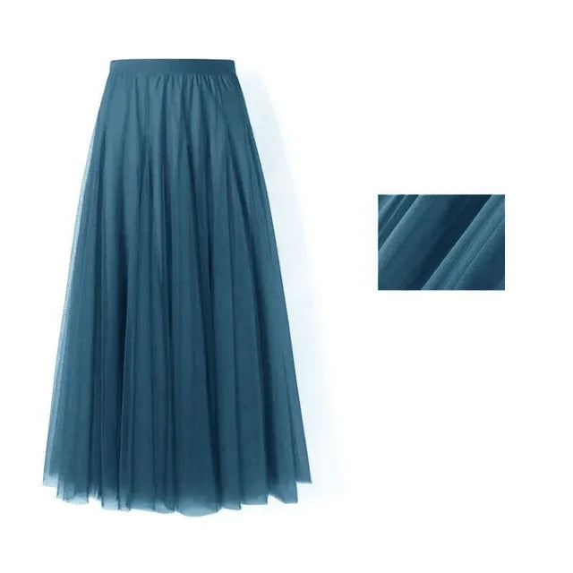 Spring Summer Beach Women Pleated Midi Skirt Ladies Elastic High Waist Tulle Skirts Mesh Tutu Skirt Teenage Girls A-line Skirts