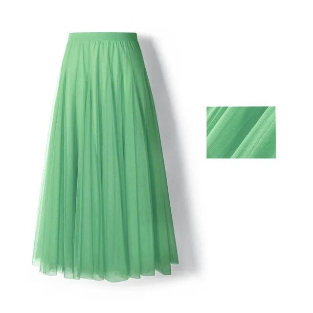 Spring Summer Beach Women Pleated Midi Skirt Ladies Elastic High Waist Tulle Skirts Mesh Tutu Skirt Teenage Girls A-line Skirts