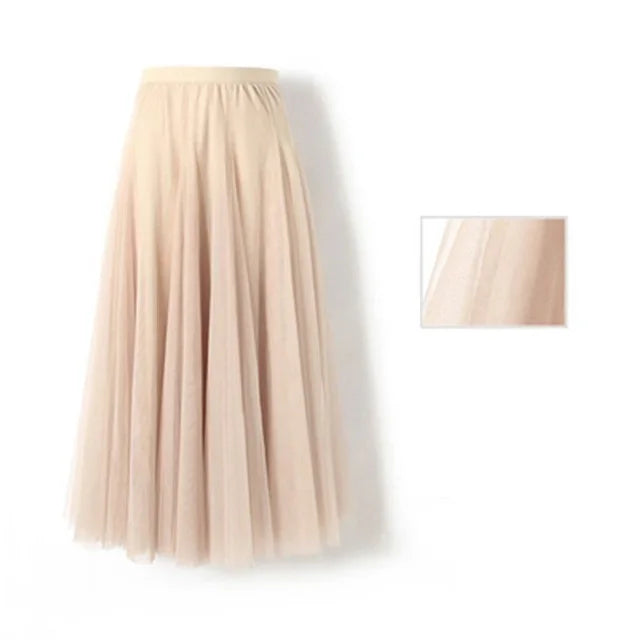 Spring Summer Beach Women Pleated Midi Skirt Ladies Elastic High Waist Tulle Skirts Mesh Tutu Skirt Teenage Girls A-line Skirts