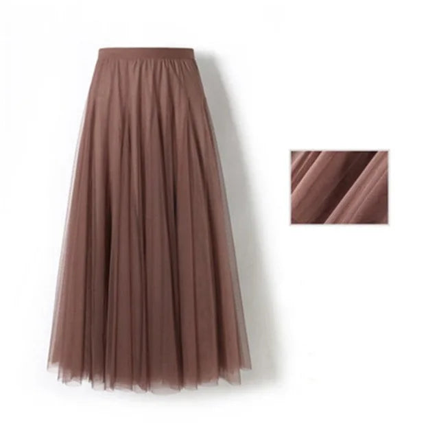 Spring Summer Beach Women Pleated Midi Skirt Ladies Elastic High Waist Tulle Skirts Mesh Tutu Skirt Teenage Girls A-line Skirts