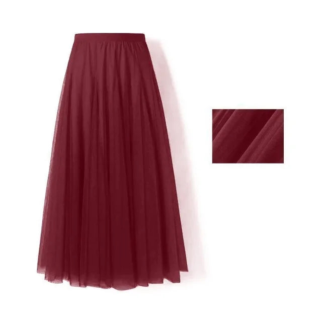 Spring Summer Beach Women Pleated Midi Skirt Ladies Elastic High Waist Tulle Skirts Mesh Tutu Skirt Teenage Girls A-line Skirts
