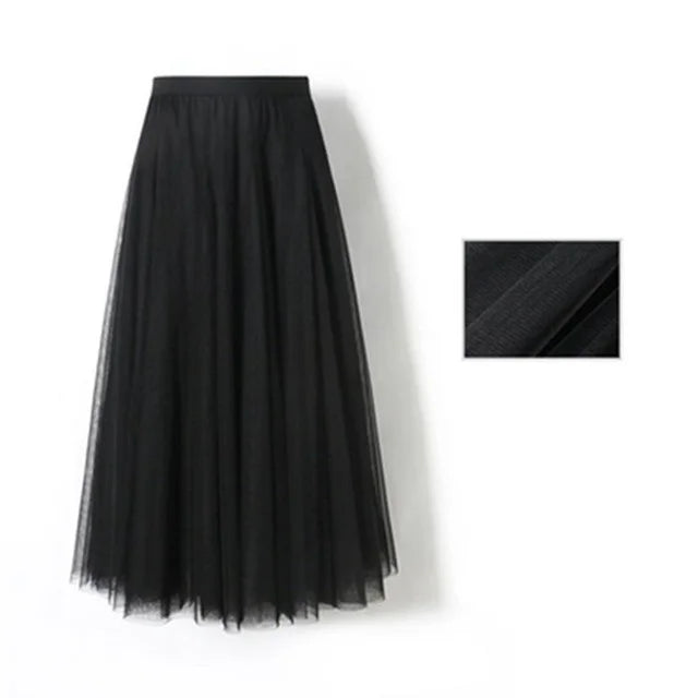 Spring Summer Beach Women Pleated Midi Skirt Ladies Elastic High Waist Tulle Skirts Mesh Tutu Skirt Teenage Girls A-line Skirts