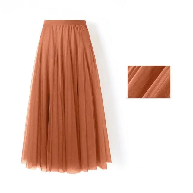 Spring Summer Beach Women Pleated Midi Skirt Ladies Elastic High Waist Tulle Skirts Mesh Tutu Skirt Teenage Girls A-line Skirts