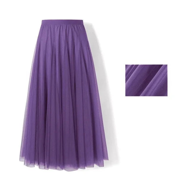 Spring Summer Beach Women Pleated Midi Skirt Ladies Elastic High Waist Tulle Skirts Mesh Tutu Skirt Teenage Girls A-line Skirts