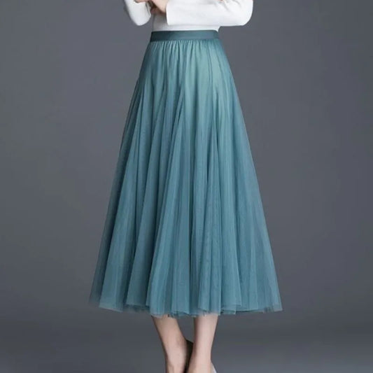 Spring Summer Beach Women Pleated Midi Skirt Ladies Elastic High Waist Tulle Skirts Mesh Tutu Skirt Teenage Girls A-line Skirts