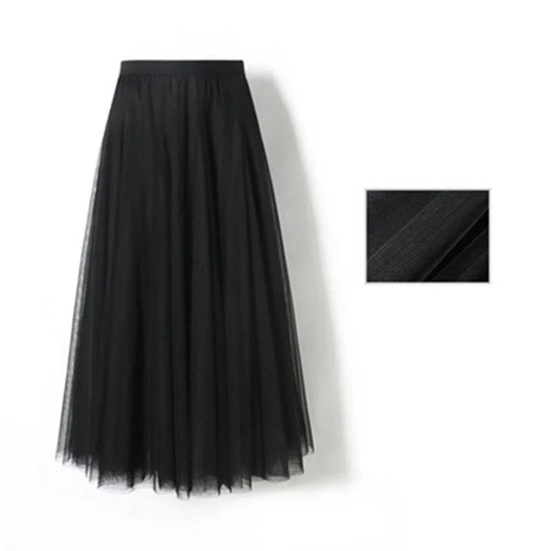 Spring Summer Beach Women Pleated Midi Skirt Ladies Elastic High Waist Tulle Skirts Mesh Tutu Skirt Teenage Girls A-line Skirts