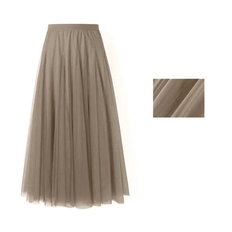 Spring Summer Beach Women Pleated Midi Skirt Ladies Elastic High Waist Tulle Skirts Mesh Tutu Skirt Teenage Girls A-line Skirts