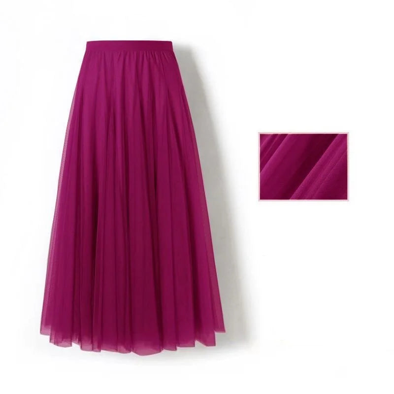 Spring Summer Beach Women Pleated Midi Skirt Ladies Elastic High Waist Tulle Skirts Mesh Tutu Skirt Teenage Girls A-line Skirts