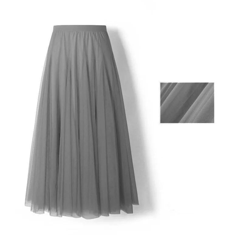 Spring Summer Beach Women Pleated Midi Skirt Ladies Elastic High Waist Tulle Skirts Mesh Tutu Skirt Teenage Girls A-line Skirts