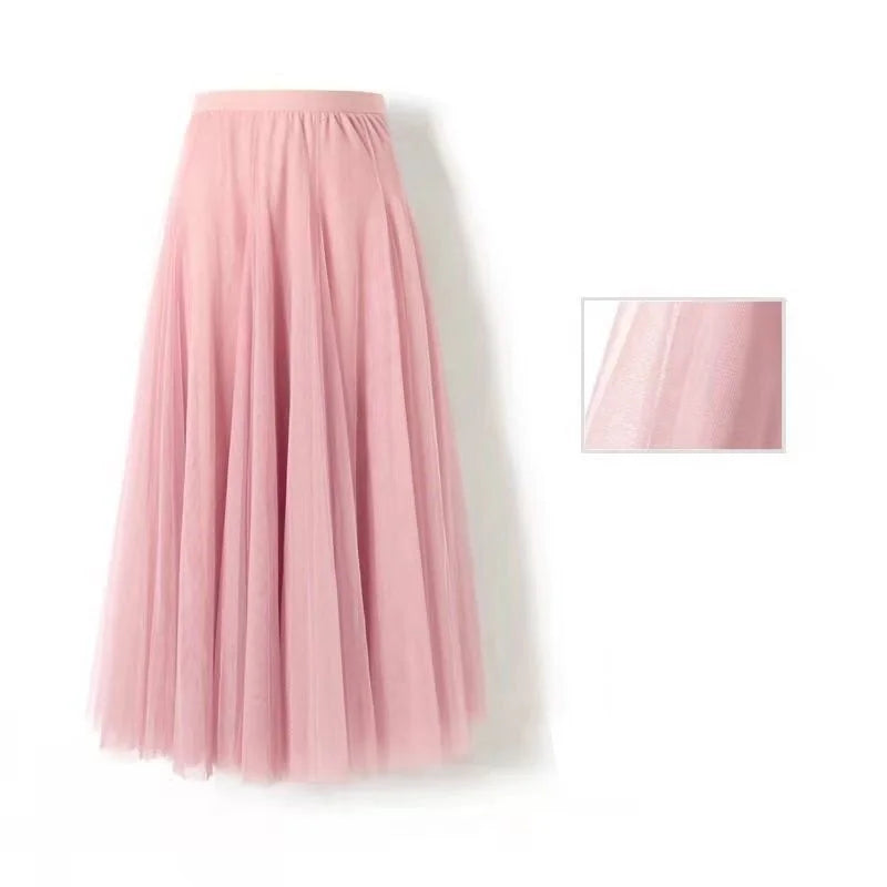 Spring Summer Beach Women Pleated Midi Skirt Ladies Elastic High Waist Tulle Skirts Mesh Tutu Skirt Teenage Girls A-line Skirts
