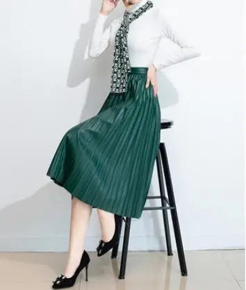 fashion S -10 XL Spring autumn fashion high quality PU pleated skirts long maxi leather skirt female vintage black skirt