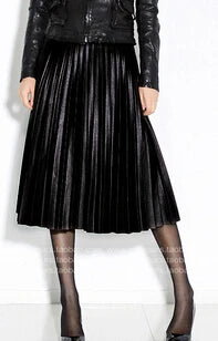 fashion S -10 XL Spring autumn fashion high quality PU pleated skirts long maxi leather skirt female vintage black skirt