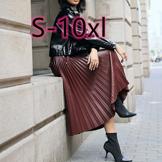 fashion S -10 XL Spring autumn fashion high quality PU pleated skirts long maxi leather skirt female vintage black skirt