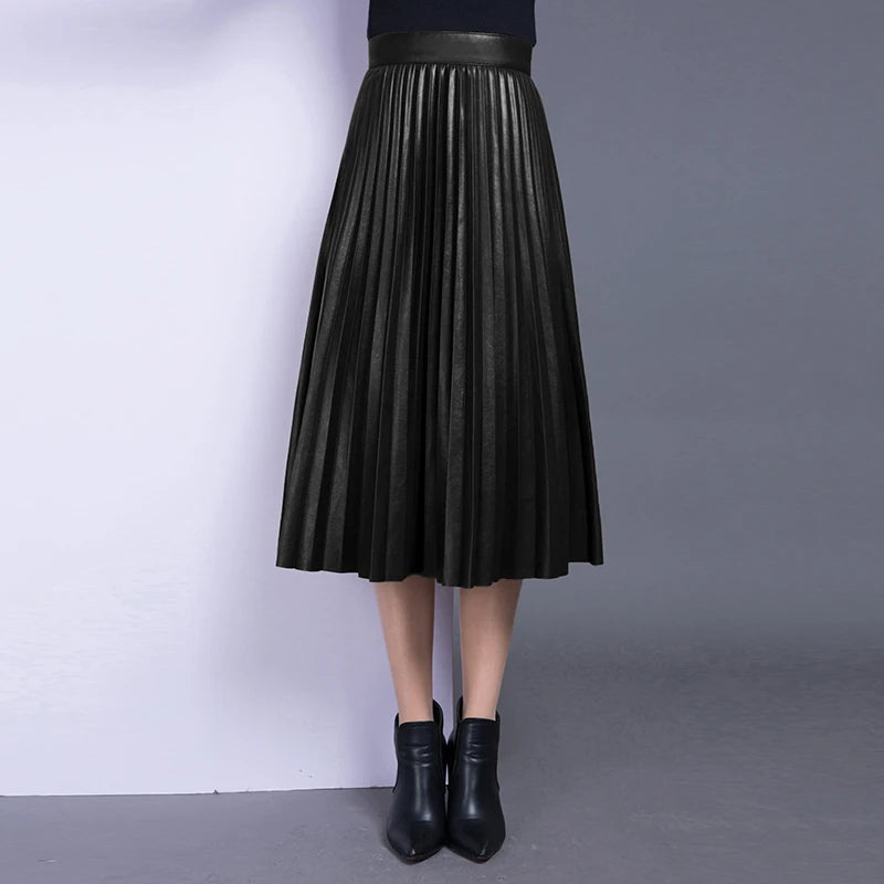fashion S -10 XL Spring autumn fashion high quality PU pleated skirts long maxi leather skirt female vintage black skirt