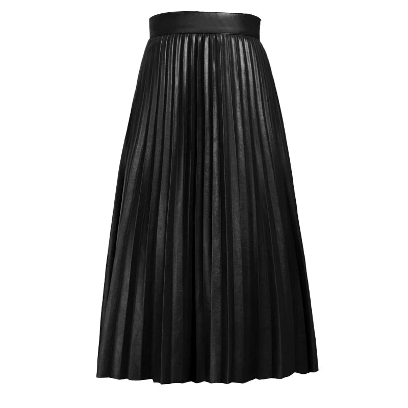 fashion S -10 XL Spring autumn fashion high quality PU pleated skirts long maxi leather skirt female vintage black skirt