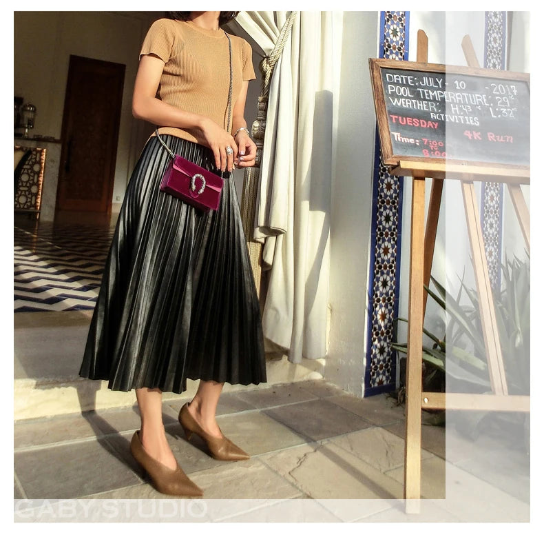 fashion S -10 XL Spring autumn fashion high quality PU pleated skirts long maxi leather skirt female vintage black skirt