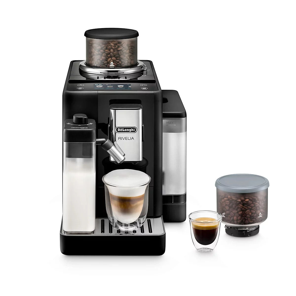 Kaffeevollautomat Rivelia EXAM440.55 B -  mit LatteCrema Milchsystem, 13 Kaffeespezialitäten, austauschbare Bohnenbehälter, KI-Kaffeeroutine, 4 Benutzerprofile, Extra-Shot-Funktion, 3,5" Touch-Display, Schwarz